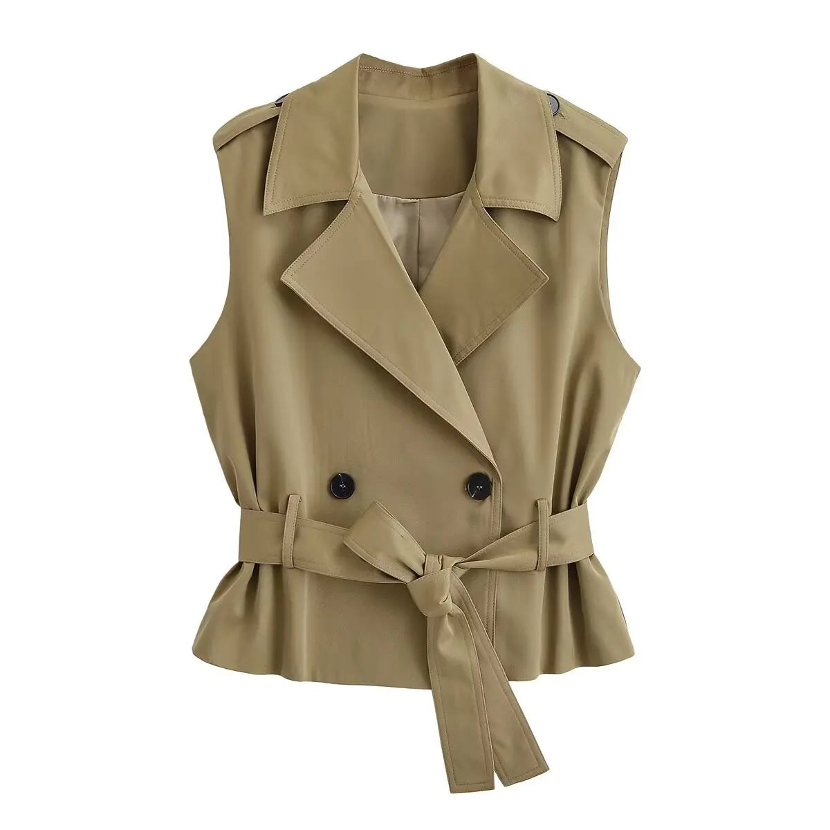 HH Damen 2026 Sommer Mode Vielseitige Khaki Weste mit Taillengürtel für Pendlerinnen Elegantes Doppelreihiges Ärmelloses Oberteil
