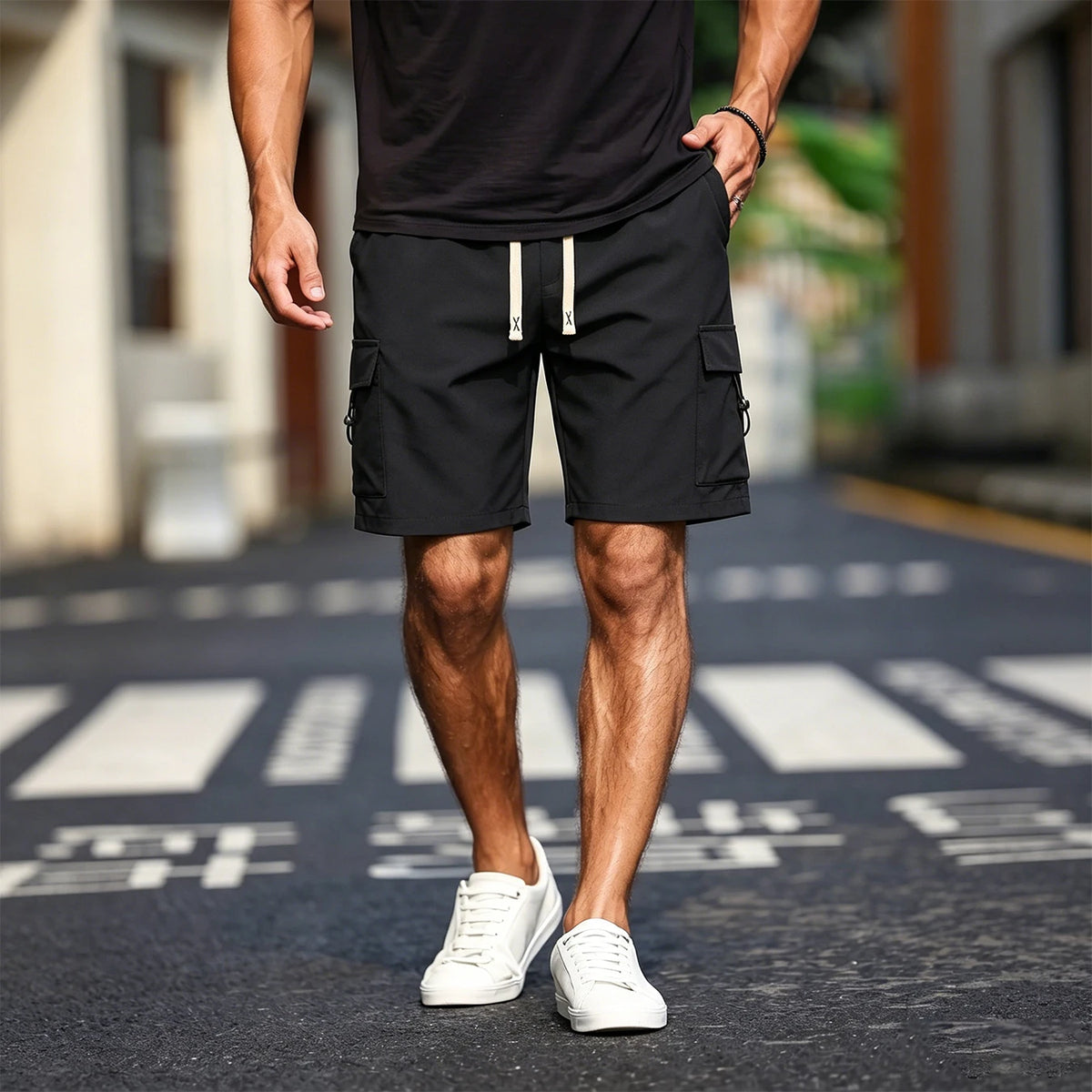 Herren-Cargo-Shorts mit mehreren Taschen, elastischer Kordelzug an der Taille, lockere Passform, schnell trocknend, für den Sommer, Outdoor, Wandern, Strand, Freizeitshorts