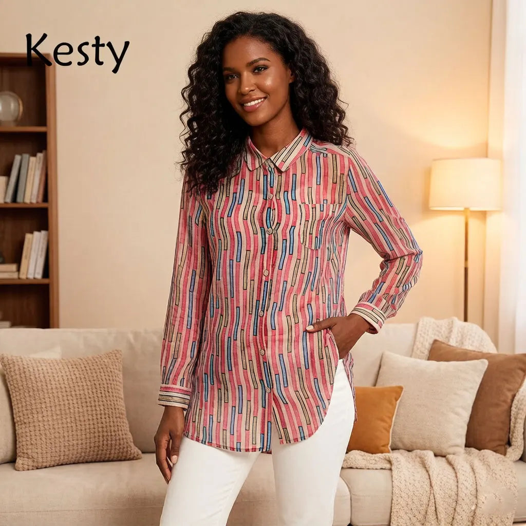 Damen-Hemd mit Streifenmuster, rosa Farbblock, langärmlig, Button-Down-Bluse mit Tasche, lockere Passform, lässig, für das Büro