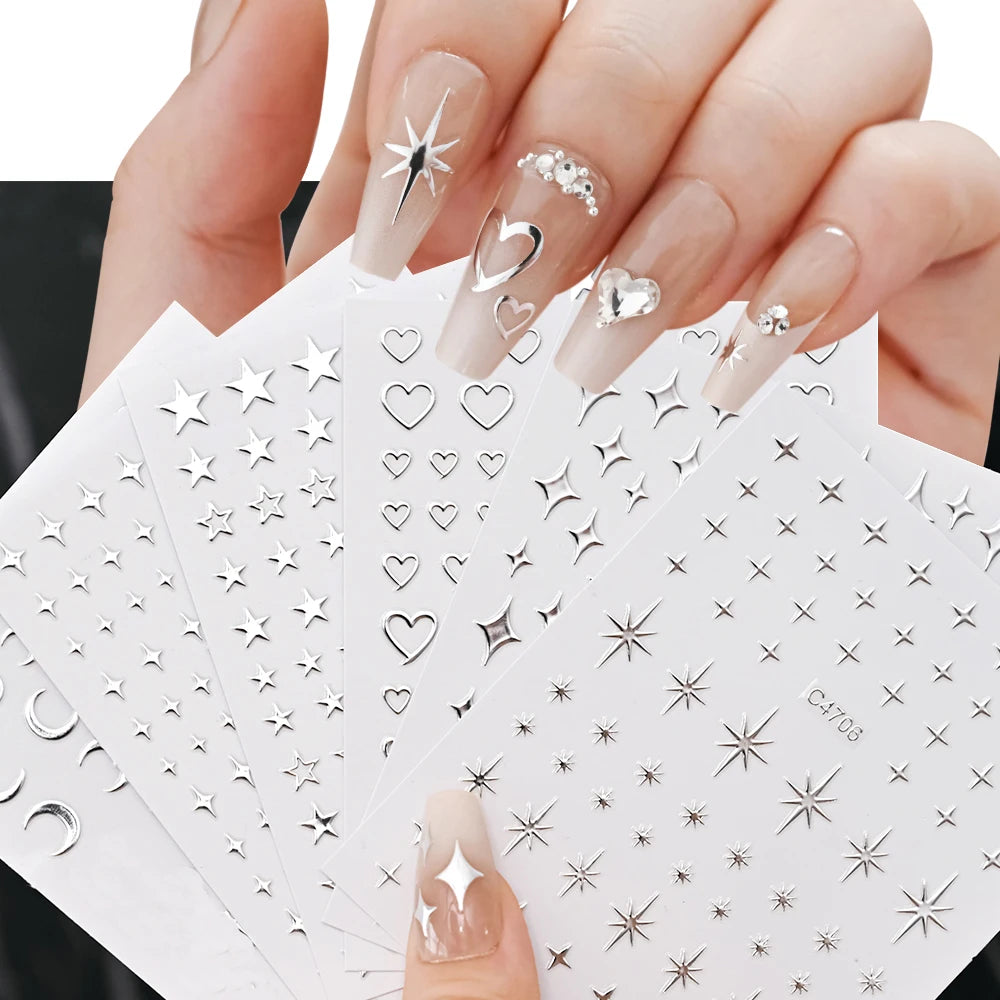 6 Stück 3D Blaue Herz-Nagelaufkleber Bronzierte Gold Silber Stern Mond Sonne Selbstklebende Slider Y2K Nagelkunst Abziehbilder Maniküre Dekoration