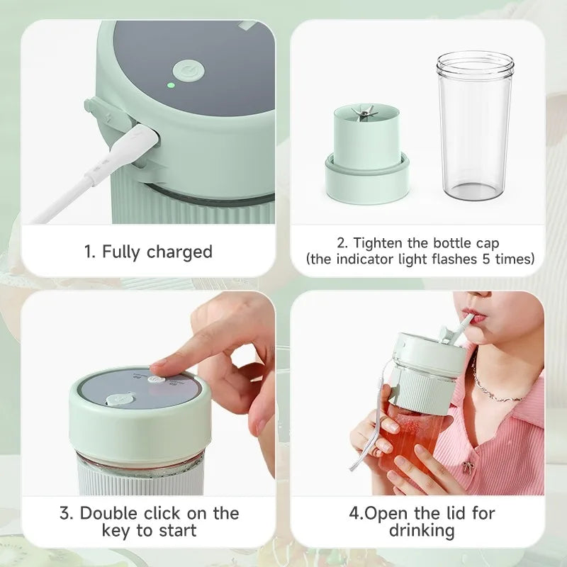 Elektrischer Obstentsafter, tragbarer kabelloser Mixer, Saftmixer, Mini-Saftbecher mit Strohhalm, elektrischer Entsafter mit 6-Klingen-USB-Aufladung