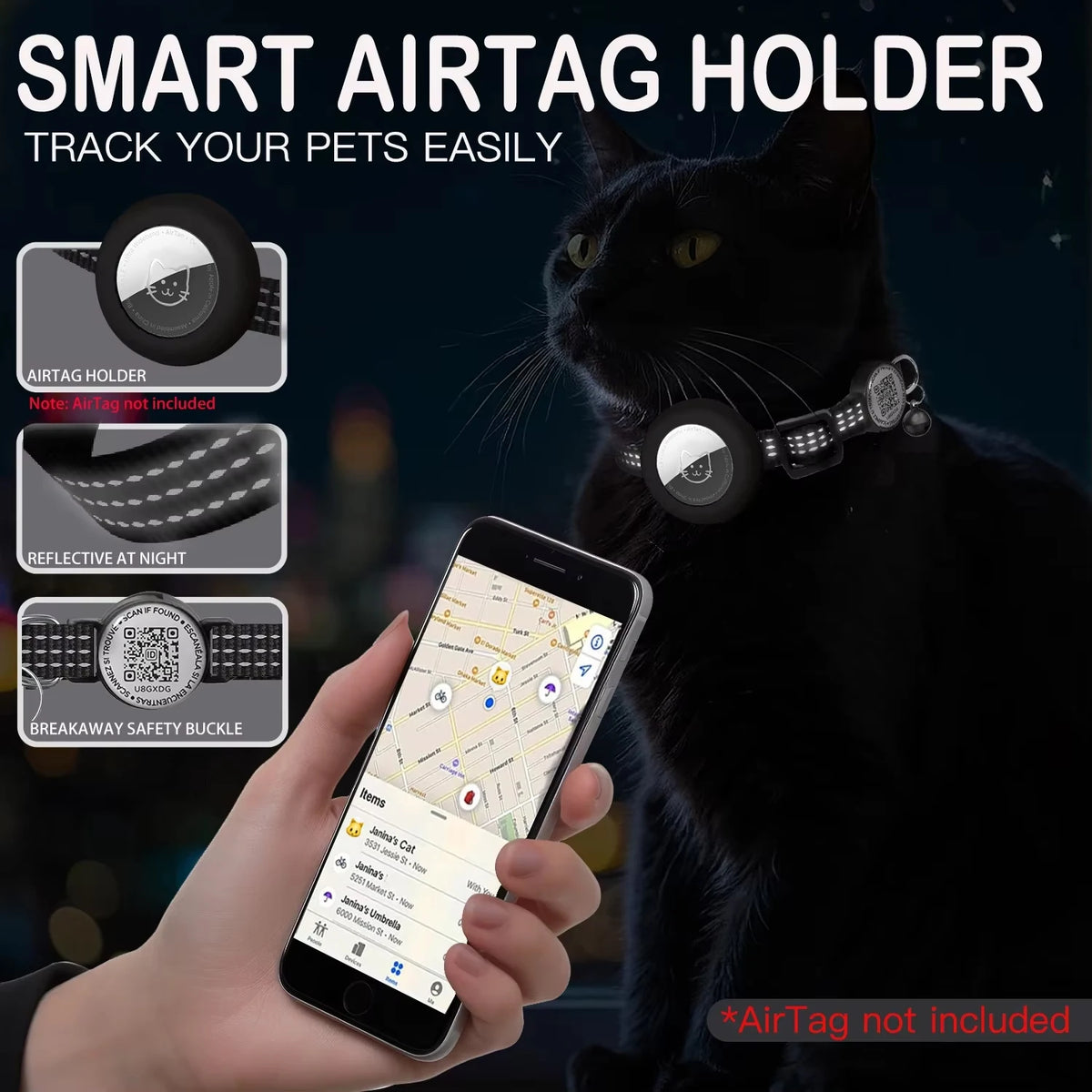 für AirTag GPS-Katzenhalsband mit QR-Tag, reflektierendes Apple-Tag-Haustierhalsband mit Air-Tag-Halter und Katzen-Tag, AIRTAG-Hülle, Kätzchenhalsband
