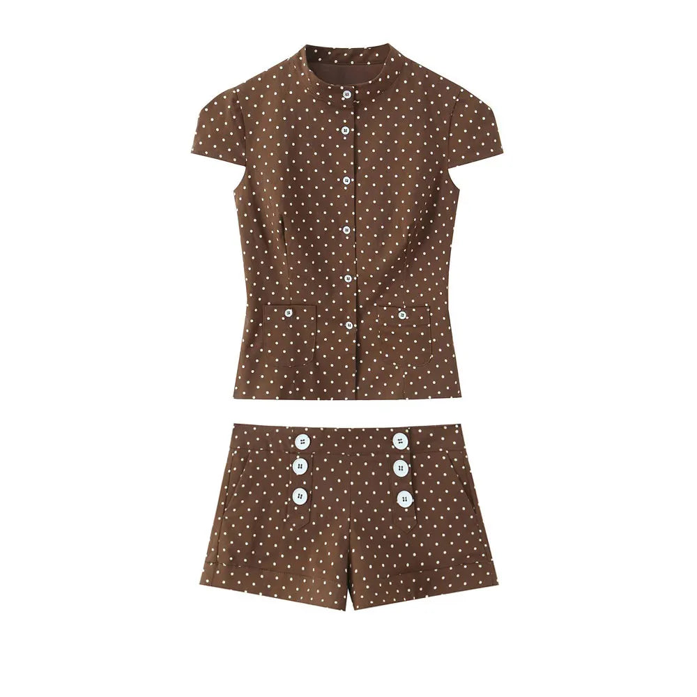 HH Sommer Damen Casual Polka Dot 2-teiliges Set Kurzarm Einreihiges T-Shirt Top Hochgeschnittene Slim Shorts Trend Streetwear