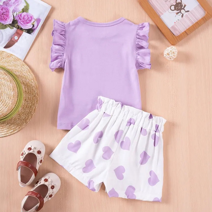 Mädchen Herz-Print Sommer Rüschen-Kostüm 2-teiliges Set Kinder Herzmuster Flügelärmel Shorts T-Shirt Baby Shorts Freizeitkleidung