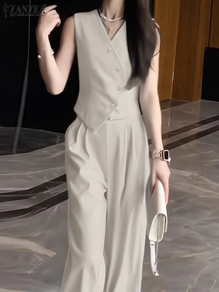 ZANZEA Koreanischen Stil Frauen Hose Sets Unregelmäßige Weste Tops Breite Bein Hosen Elegante Solide 2-Stück Sets Sommer Pendeln 2 stücke Outfits