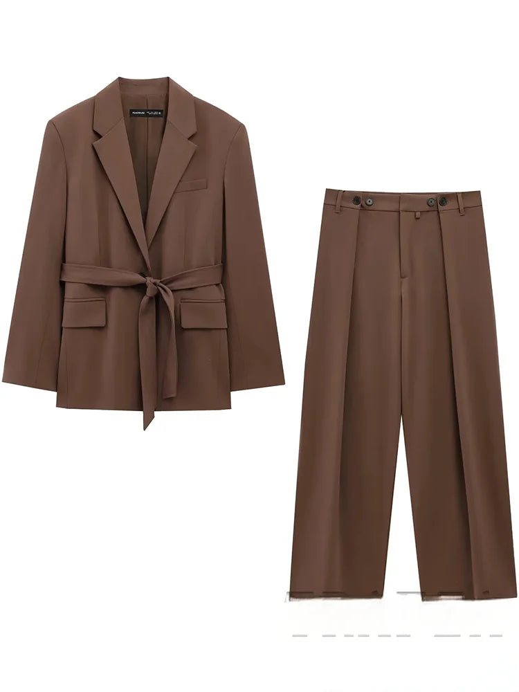 KONDALA Büro Dame Casual Chic Solide Frauen Anzug Single Button Schärpen Lose Blazer Zipper Hosen Mode 2025, Herbst Winter Sets