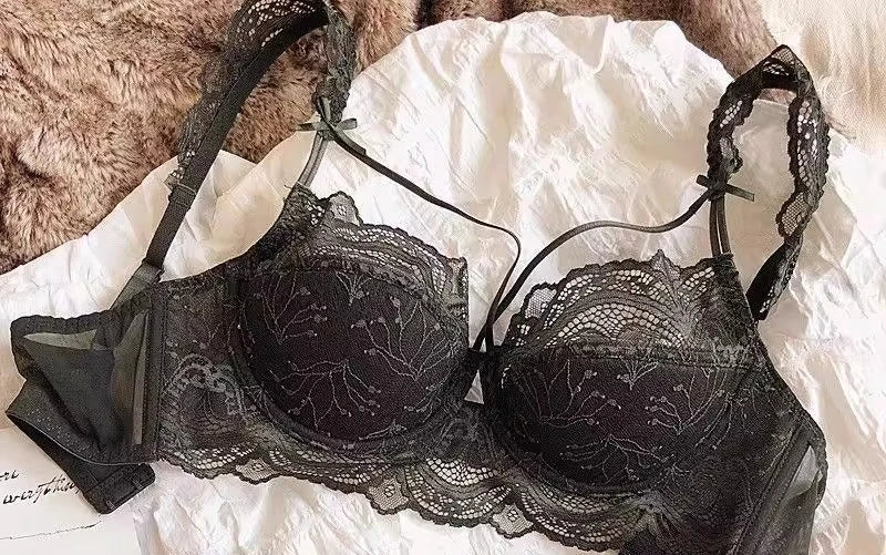 MOYISU Sexy Spitzen-Bralette-Set, kleine Brüste, französisches Design, abnehmbare Träger mit dünnen Push-Up-Pads, weiche Bügel-BH-Abdeckung, Oberteil AB