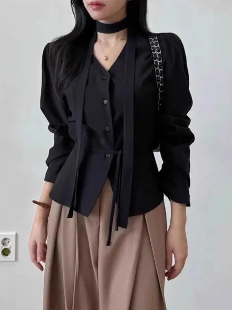 Elegantes Hemd mit Schleifenkragen, V-Ausschnitt, langen Ärmeln, Schnürung und Knöpfen für Damen, Büro, Arbeit, Basic-Blusen, Freizeit