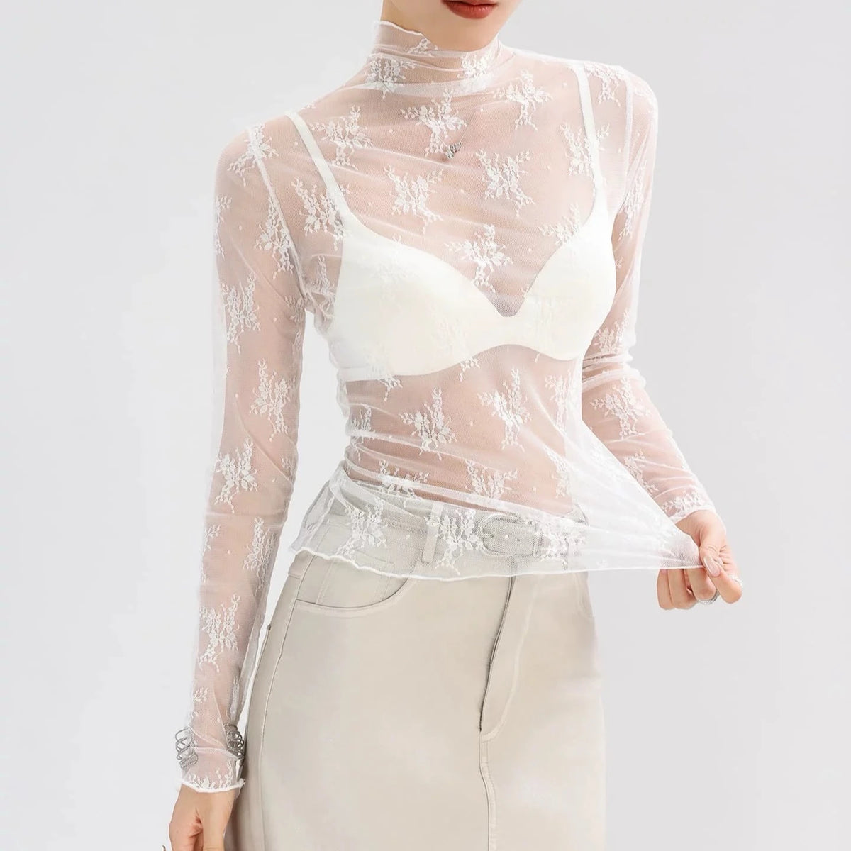 Elegante Damen-Bluse mit Hohem Kragen und Polka Dots, Mesh-Spitzenbesatz, Puffärmel, Schlanke Passform, Büro-Damenmode, Tägliche Oberteile