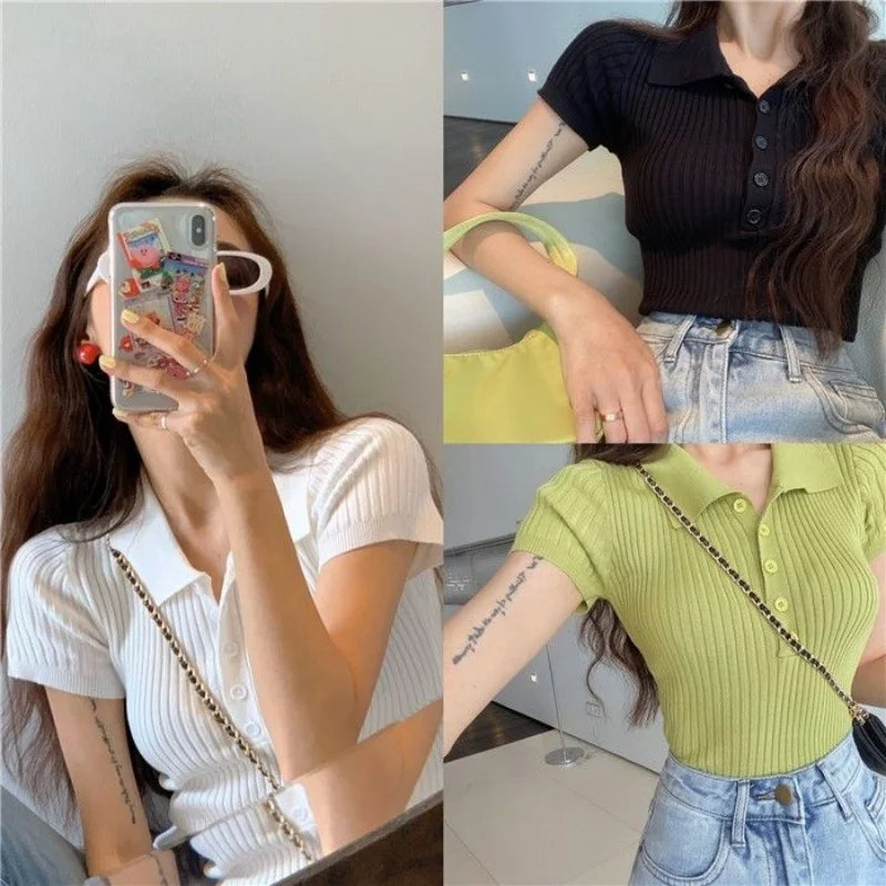 Neues Polo Damen T-Shirt Geripptes Strick-Oberteil Sexy Sommer Basic Shirts Figurbetontes Slim Casual Kurzarm-Top Damen-Oberteil Weiß Schwarz