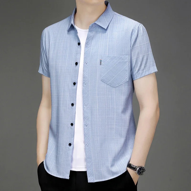 Neues, kurzärmliges, bedrucktes Business-Casual-Hemd für Herren mit Faltenbeständigkeit, kein Bügeln, bequemes, vielseitiges Oberteil für die ganze Saison