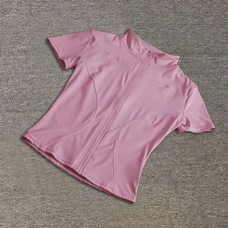 Sommer Hohe Qualität Taille Abnehmen Training Tops frauen Schnell trocknend Engen Stehkragen Voll Zipper Kurzen Ärmeln Yoga shirts