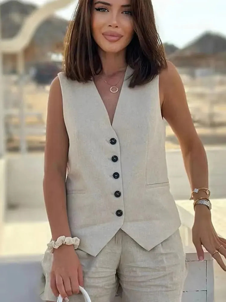HH Frauen Elegante Feste Weste Hose Sets Einreiher V-ausschnitt Weste Top + Hohe Taille Dünne Shorts Dame Büro Tragen anzüge