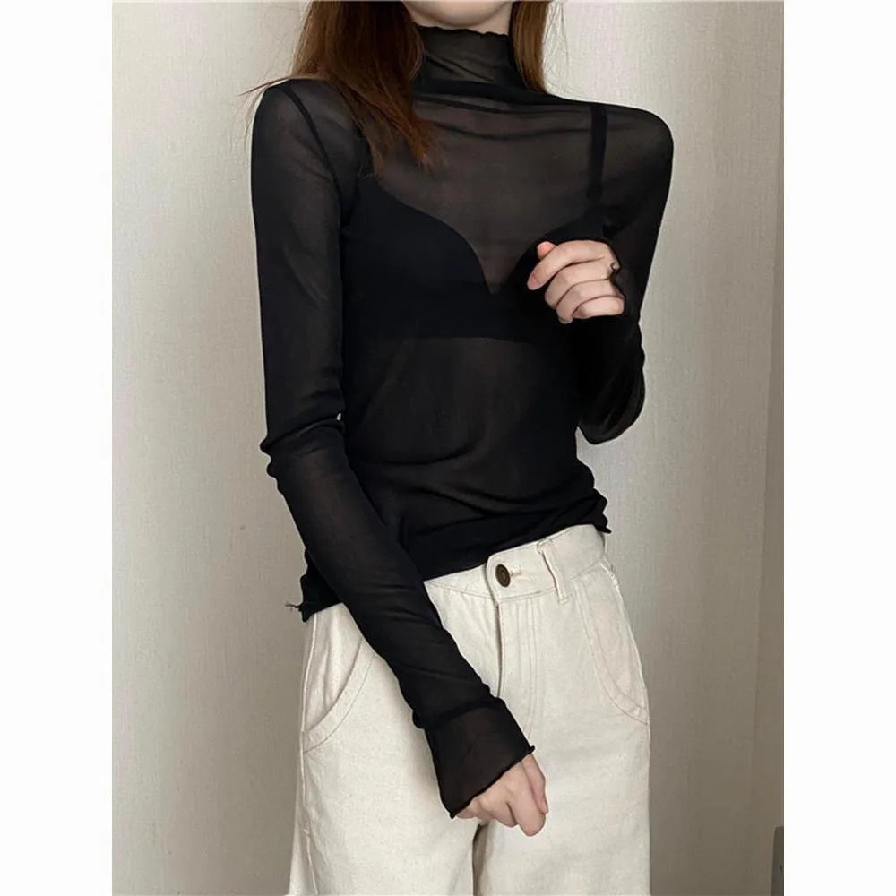 Sexy Frauen T Shirt Durchsichtig Transparent Mesh Tops Langarm Sheer Schlank Damen Solide Rollkragen Seide T-Shirt Spitze Crop Top