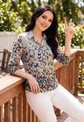 Damen-Bluse mit Schmetterlingsdruck, Chiffon-Hemd, 3/4-Ärmel, Umlegekragen, lässig, lockere Passform, Sommer-Top