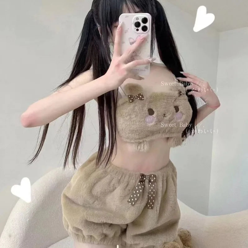Plüsch Bär Winter Warm Bh Set Japanische Mädchen Weiche Süße und Niedliche Cartoon Kürbis Hosen Studenten Plüsch Sexy Bhs Drahtlose Dünne