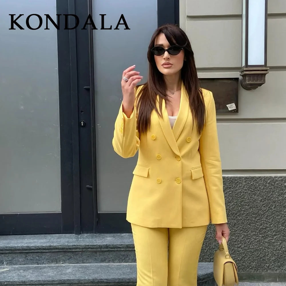 KONDALA 2025 Herbst Winter Butter Gelb Büro Dame Anzüge Mode Zweireiher Shrug Turndown Kragen Blazer Chic Feste Hosen