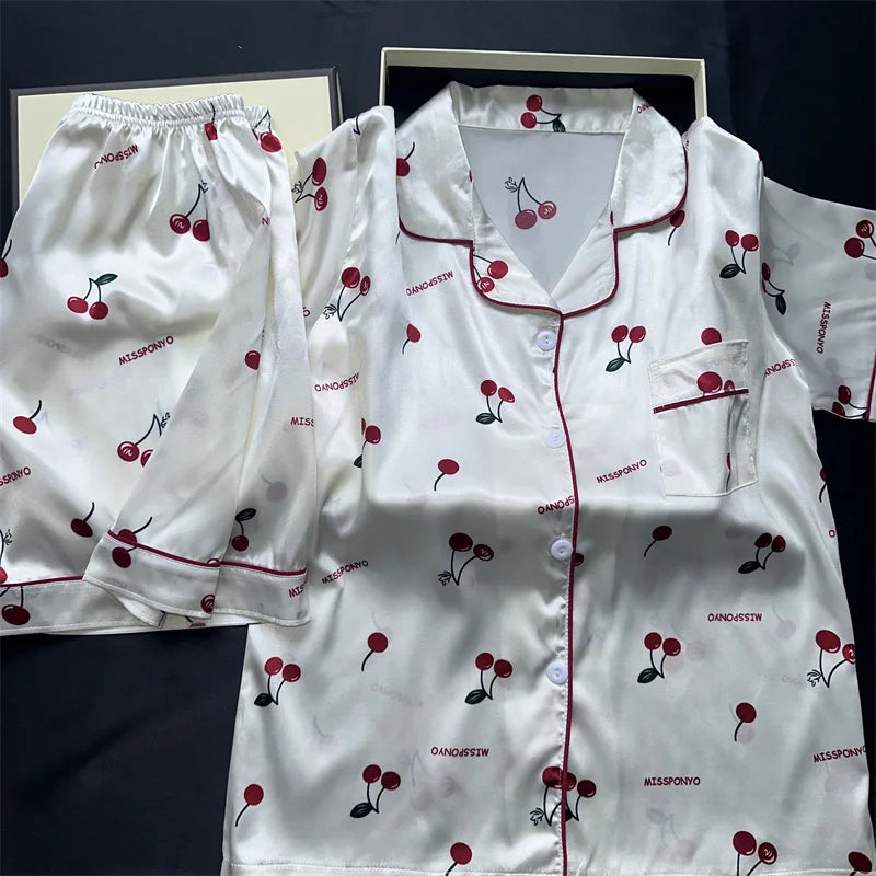 Zweiteiliges Pyjama-Set mit Kirschdruck, Sommer-Pyjama mit künstlichem Fleck, modische Heimkleidung, lässige Damen-Shorts und Top-Set, Pyjama