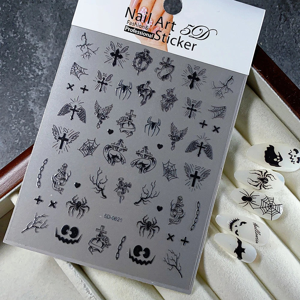 1 stücke Dark Horror Schädel Kürbis Kopf Nagel Aufkleber Schwarz Fledermaus Spinne Geist Gesicht Halloween Nagel Aufkleber Halloween Nagel Aufkleber versorgung