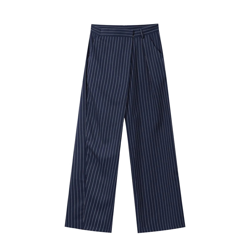 2026 Büro-Anzug mit Streifenmuster, Gürtel, Revers, Langarm-Einreiher-Mantel und Taschen, Weite Hose für Frühling und Herbst, Damen-Pendler-Outfit