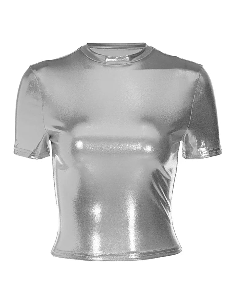 Leder Solide O Hals Kurzen Ärmeln Sexy Schlank Y2K T-Shirt Top Sommer Frauen Fashion Tees Streetwear Grunge Kleidung