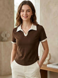 2026 Frühling Sommer Sexy Crop Tops Damen Farbblock V-Ausschnitt Kurzarm Poloshirt Schick Slim Fit Vielseitiges T-Shirt