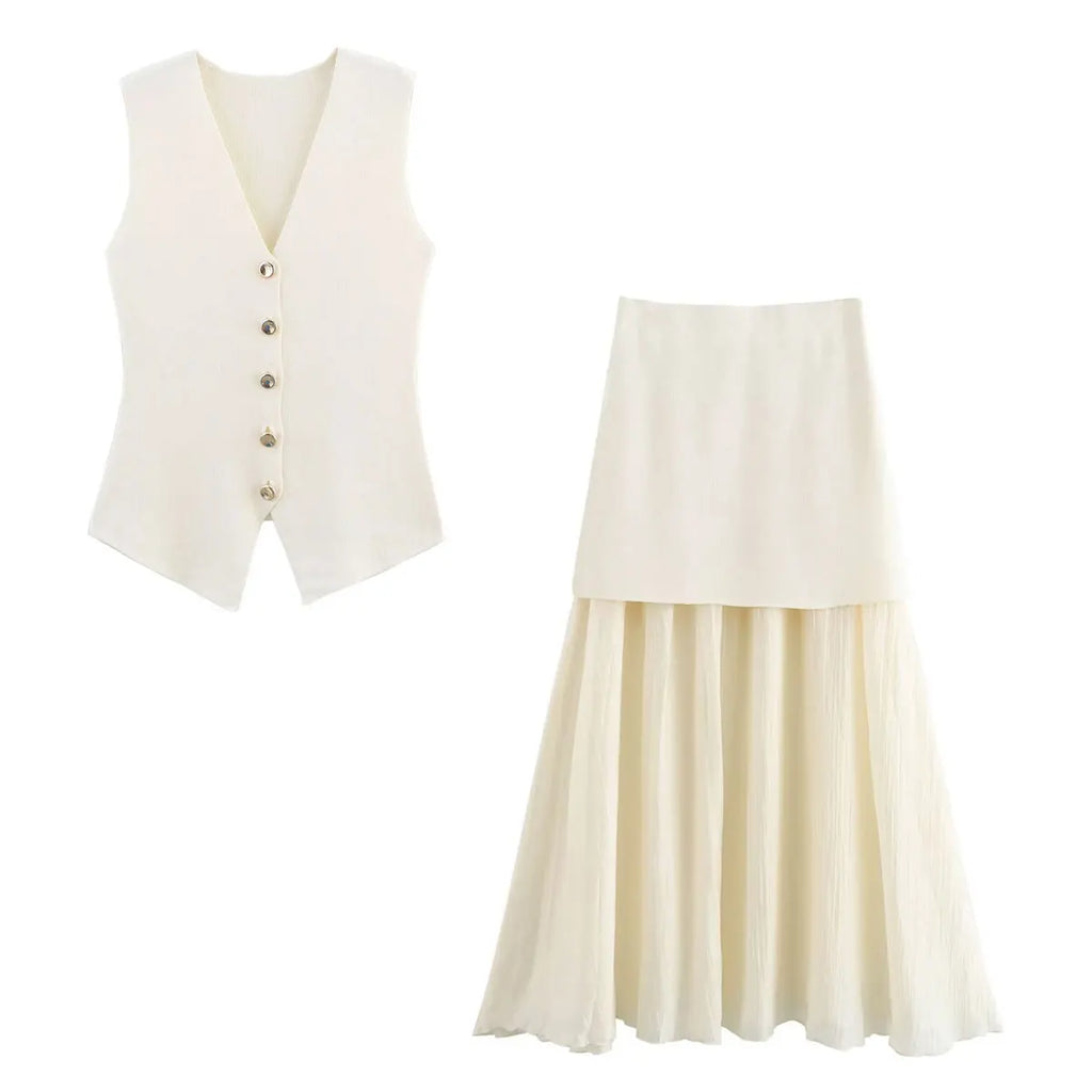 HH Frauen Elegante Solide Strick Weste Röcke Anzug V-ausschnitt Einreiher Westen Tops Hohe Taille Patchwork Rock Sommer Outfits