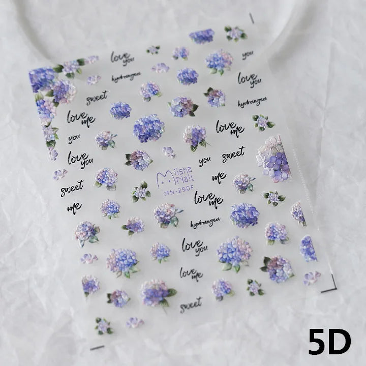 Fantasie blau lila Hortensie 5d geprägte Tulpe selbst klebende Nail Art Aufkleber hochwertige bunte Bouquet Nail Art Aufkleber