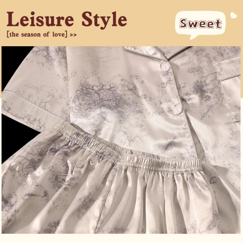 2-teiliges Damen-Pyjama-Set mit süßem Aufdruck, kurzen Ärmeln, Knopfleiste und Shorts, rosa Nachtwäsche, weiche, bequeme Homewear, lässige Loungewear-Pyjama-Set