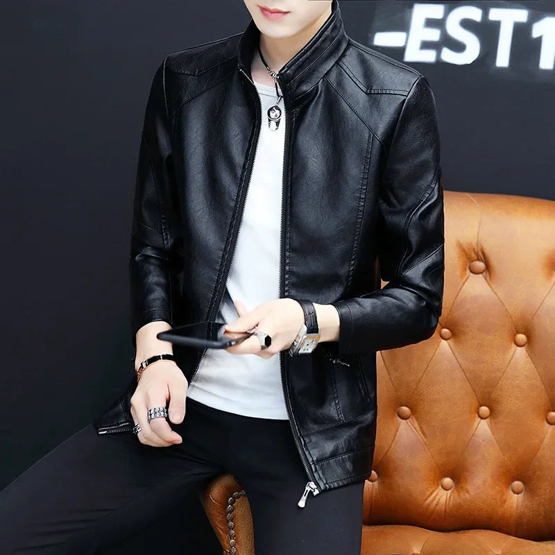 Herren Biker-Lederjacke Herbst Winter Stehkragen Fleece-gefütterte Oberbekleidung Lässiger Stil Kunstleder und Mischleder Mantel