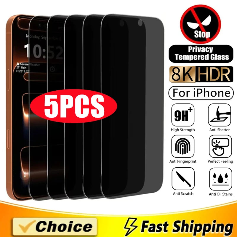 5 Stück Sichtschutz-Displayschutzfolie für iPhone 16 15 14 11 12 13 17 Pro Max Mini Anti-Spy Panzerglas für iPhone XR X XS 15 16 Plus