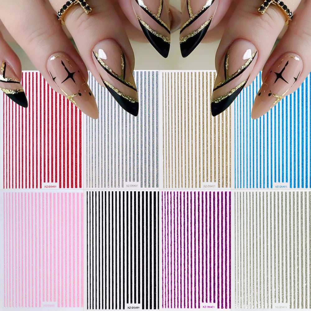 1/8 Stück 3D Glitter Line Stripe Nagelaufkleber Glänzendes Gold Silber Streifen Geometrie Selbstklebender Slider Glitzer French Line Nagelaufkleber
