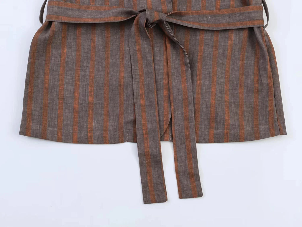 KONDALA Damen Streetwear Chic Gestreiftes Blazer-Set Gürtelblazer Elastische Taille Taschenhose Neue Mode 2026 Frühling Herbst Pendler-Set
