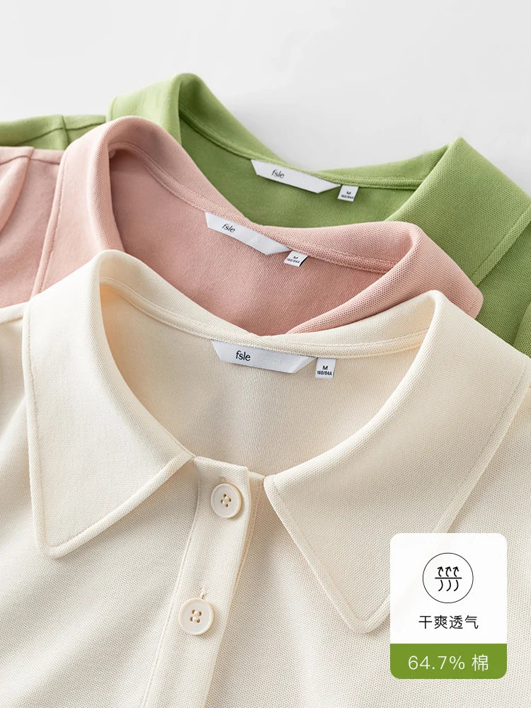 FSLE Frauen T-shirt Lose Kurzarm Baumwolle Hemd Einfarbig Frauen Tops Büro Dame Pendeln Sommer Polo Kragen Tees