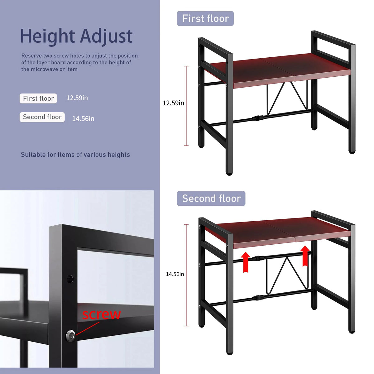 1 Stück erweiterbarer 42–64 cm großer Mikrowellen-Regal-Organizer, feuchtigkeits- und rostfrei, Mikrowellen-Arbeitsplatten-Organizer, Geschirr-Aufbewahrung