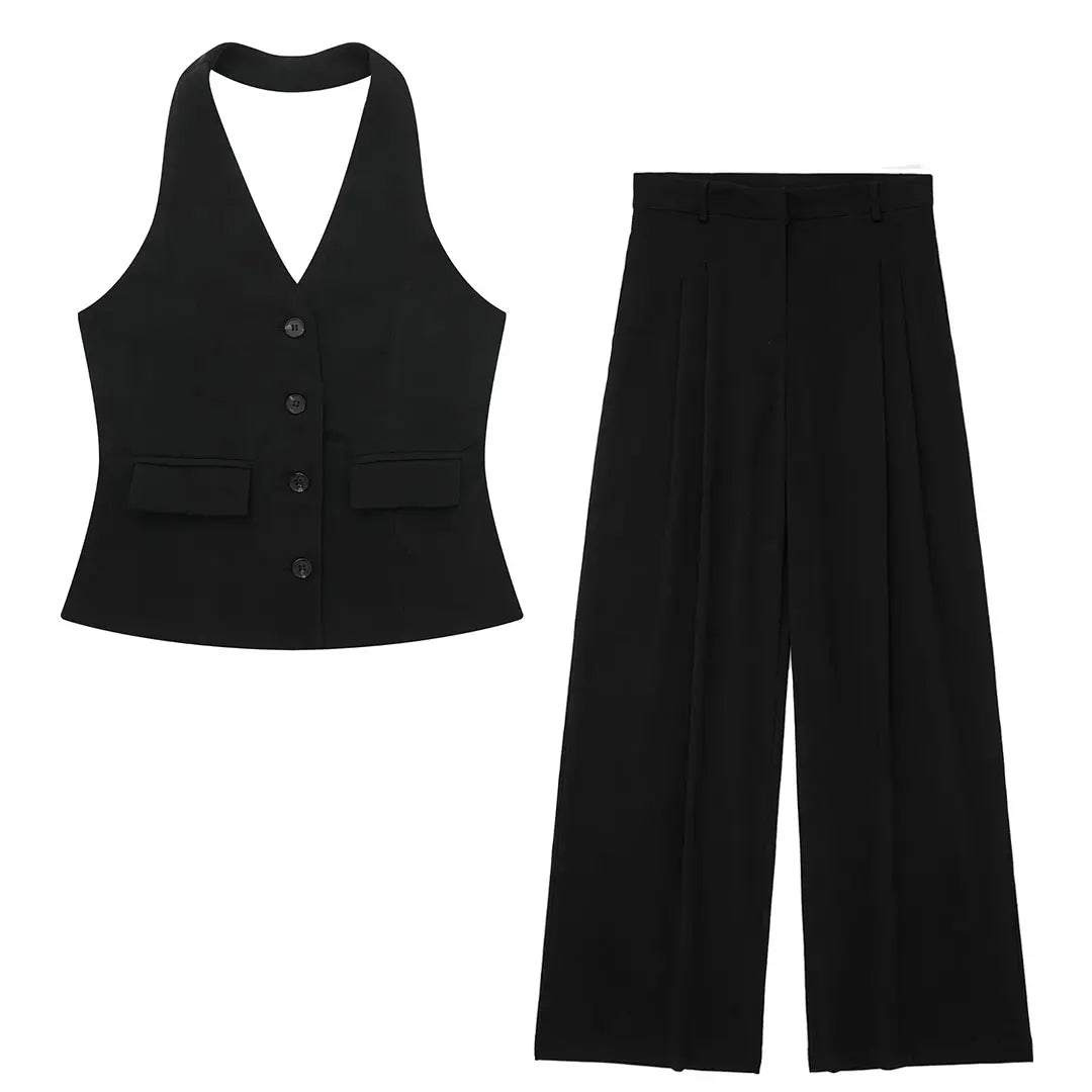 HH Hose-Sets für Damen, modisch, gelb, rückenfrei, Knopfhalter, bauchfreie Weste, Oberteil, gerade Hose, eleganter Büro-Damenanzug