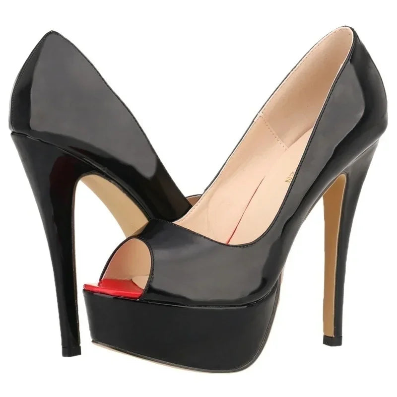 LOSLANDIFEN Frauen Pumpen Sexy Peep Toe Plattform 14 cm Super High Heels Patent Leder Schuhe Rot Hochzeit Stilettos Große Größe 44