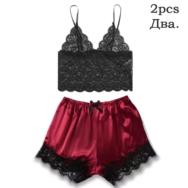 Damen Satin Nachtwäsche Pyjama Set Rosa Sexy Dessous Bademantel Spitze Patchwork Seide Nachtkleid Hose Home Bekleidet Nachtwäsche
