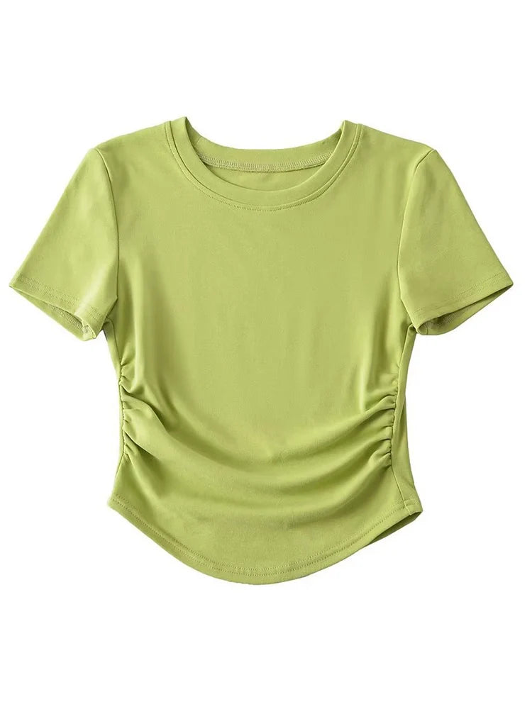 Harajuku Damen-T-Shirt aus Baumwolle mit Rundhalsausschnitt und gerüschten Seitendetails