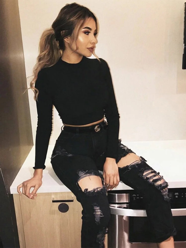Langarm Crop Top Frauen Shirts Harajuku Koreanische Schwarz Burgund Sexy Kleidung Rollkragen Grundlegende Kurze T Shirt Femme