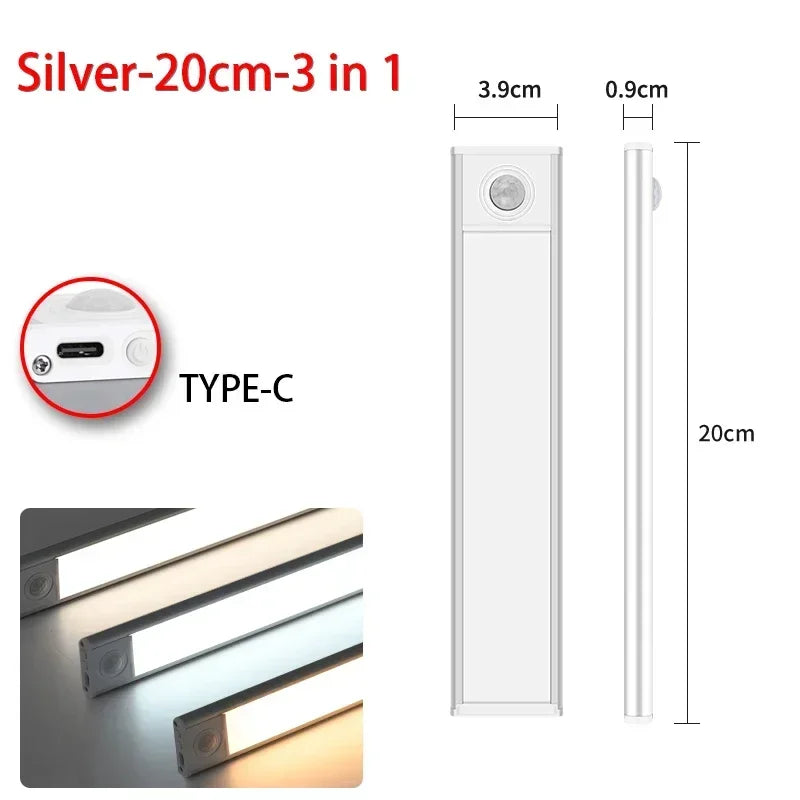 10–60 cm Bewegungsmelder unter dem Schrank, kabelloses, wiederaufladbares USB-Nachtlicht, 3 Farben, Schranklampe für den Innenbereich, Schlafzimmerbeleuchtung