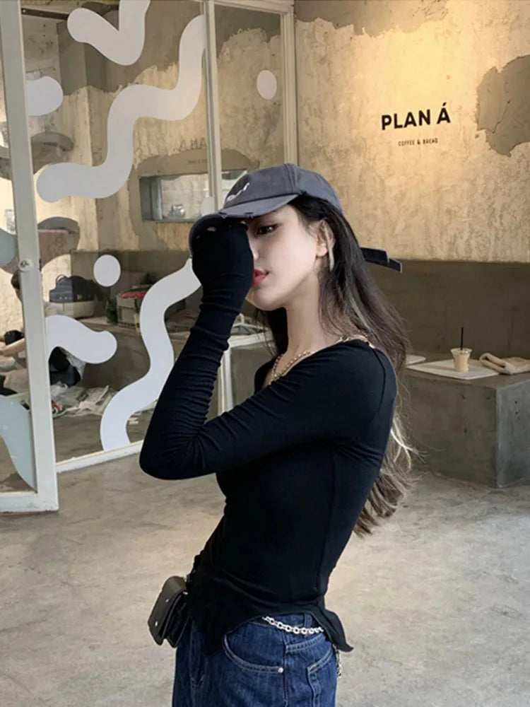 Langarm T-shirts Frauen Pilz Linie Unregelmäßigen Saum Gestrickte Schlanke Herbst Bodenbildung Tees Chic Mode Sexy Solide Ulzzang Neue