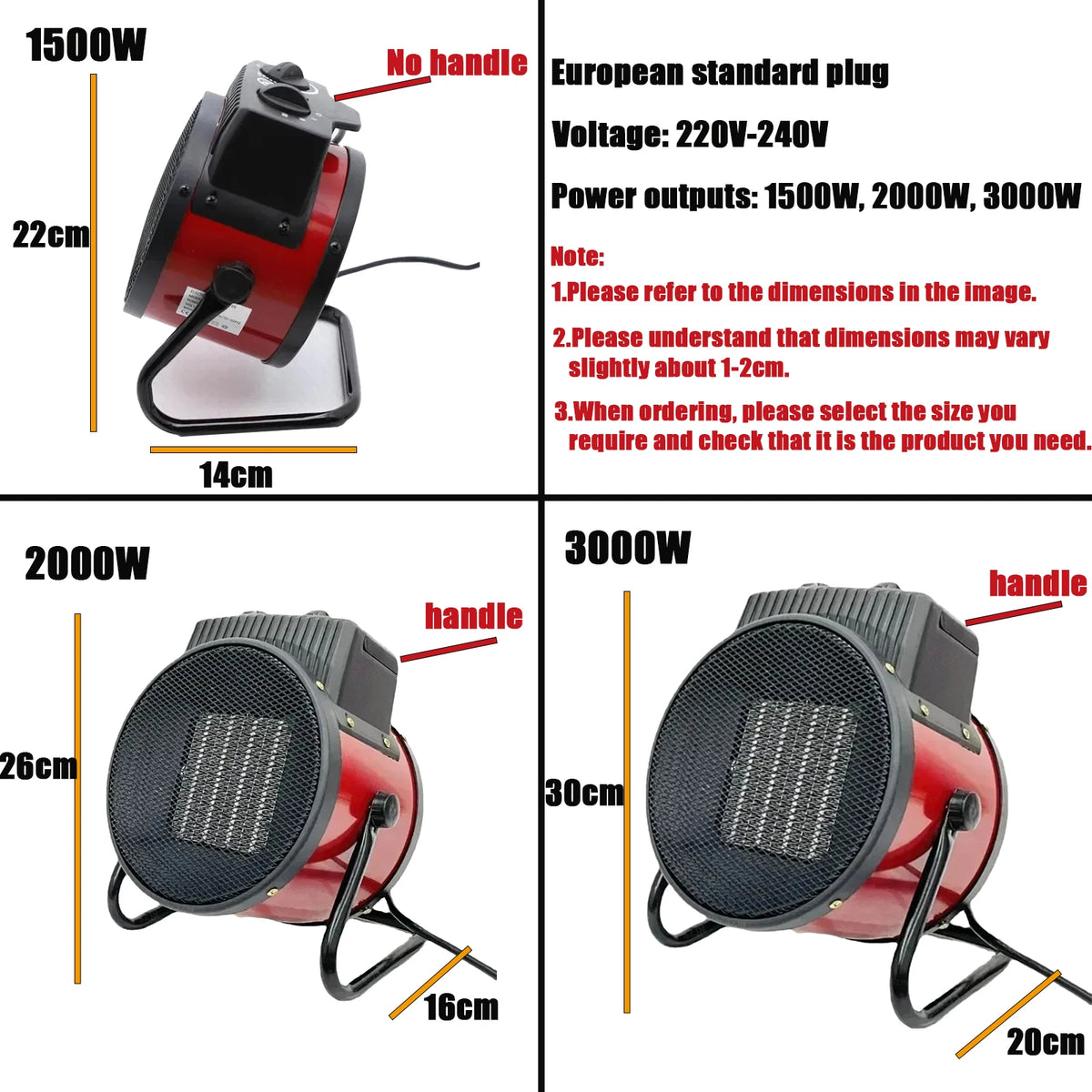 3000 W tragbare industrielle elektrische Heizung Thermostat Luftwärmer schnelle Hitze 3 Gänge einstellen Überhitzungsschutz 1,5 kW/2 kW/3 kW EN