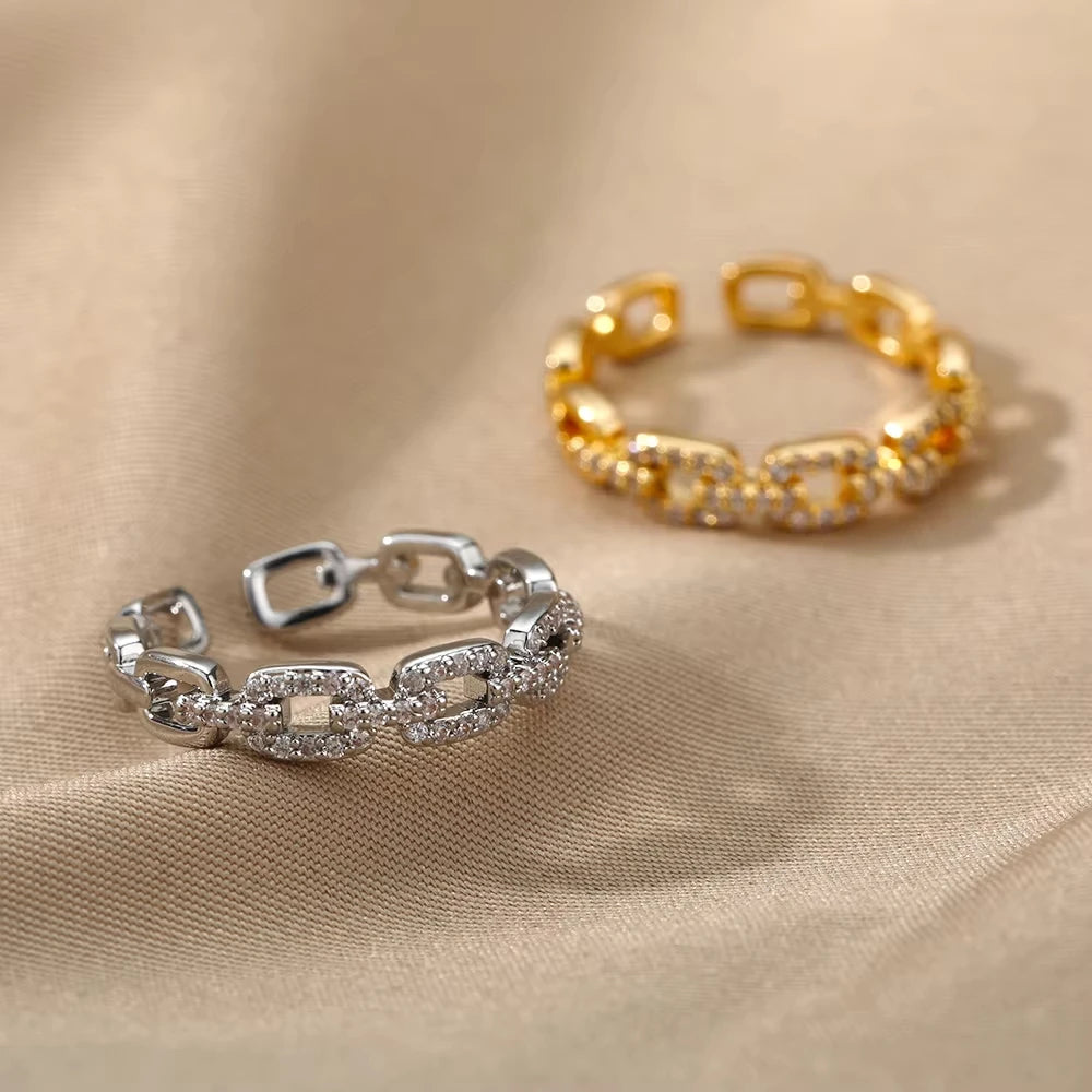 Luxus Zirkon Twist Kette Offene Ringe Für Frauen Edelstahl Gold Farbe Geometrische Ring Vintage Ästhetischen Schmuck Geschenk femme