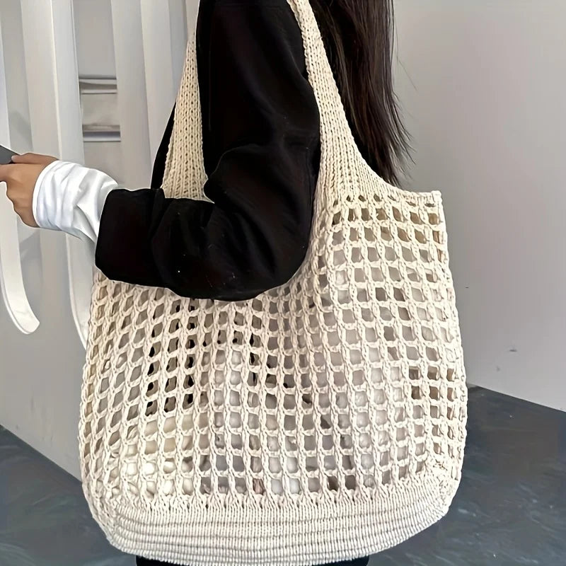 Gehäkelte Tragetasche für Damen, großes Fassungsvermögen, hohl gewebte Einkaufstasche mit festem Schultergurt, ideal für Reisen, Taschen für Damen, Handtaschen