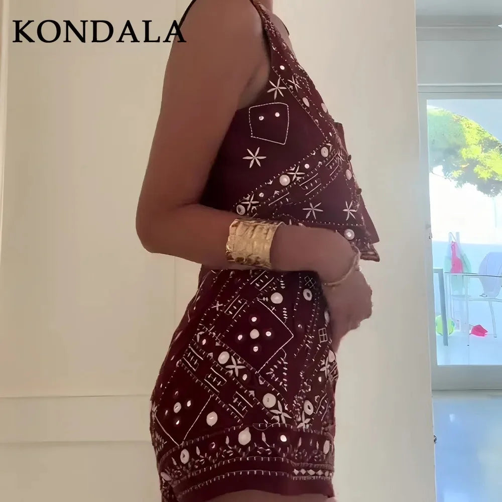 KONDALA 2026 Frühling Sommer Streetwear Stickerei Damenanzüge Mode V-Ausschnitt Einreihige Ärmellose Westen Schicke Mini-Shorts