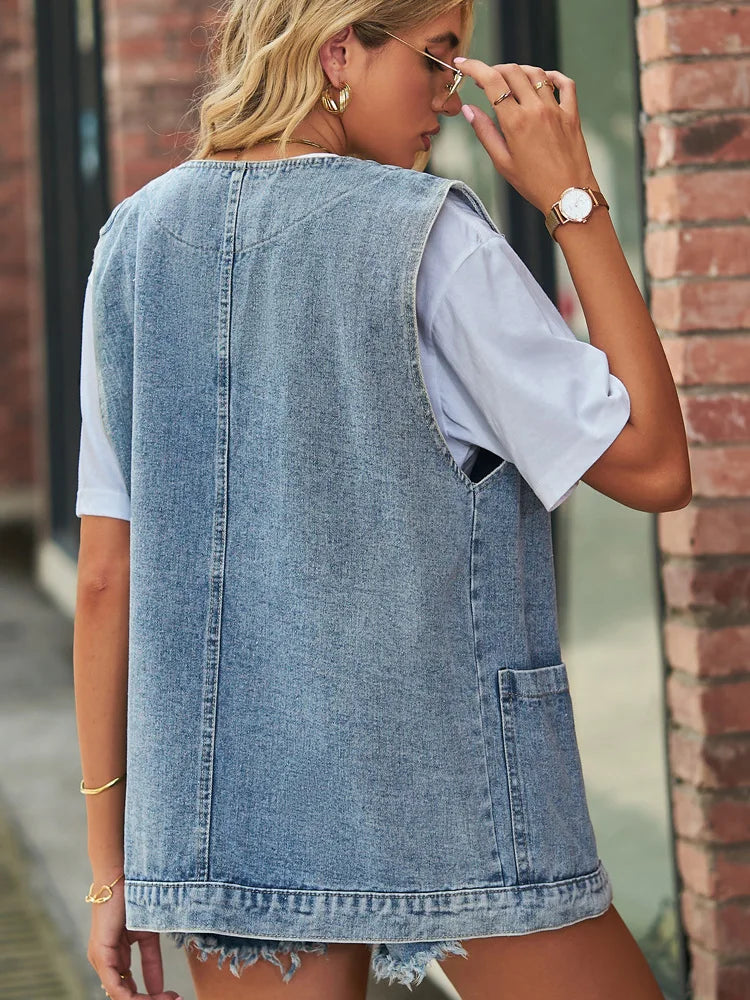 Benuynffy Vintage Große V-ausschnitt Denim Weste Frauen Frühling Sommer Gewaschen Casual Taschen Ärmellose Jeans Jacken Weibliche Lose Outwear