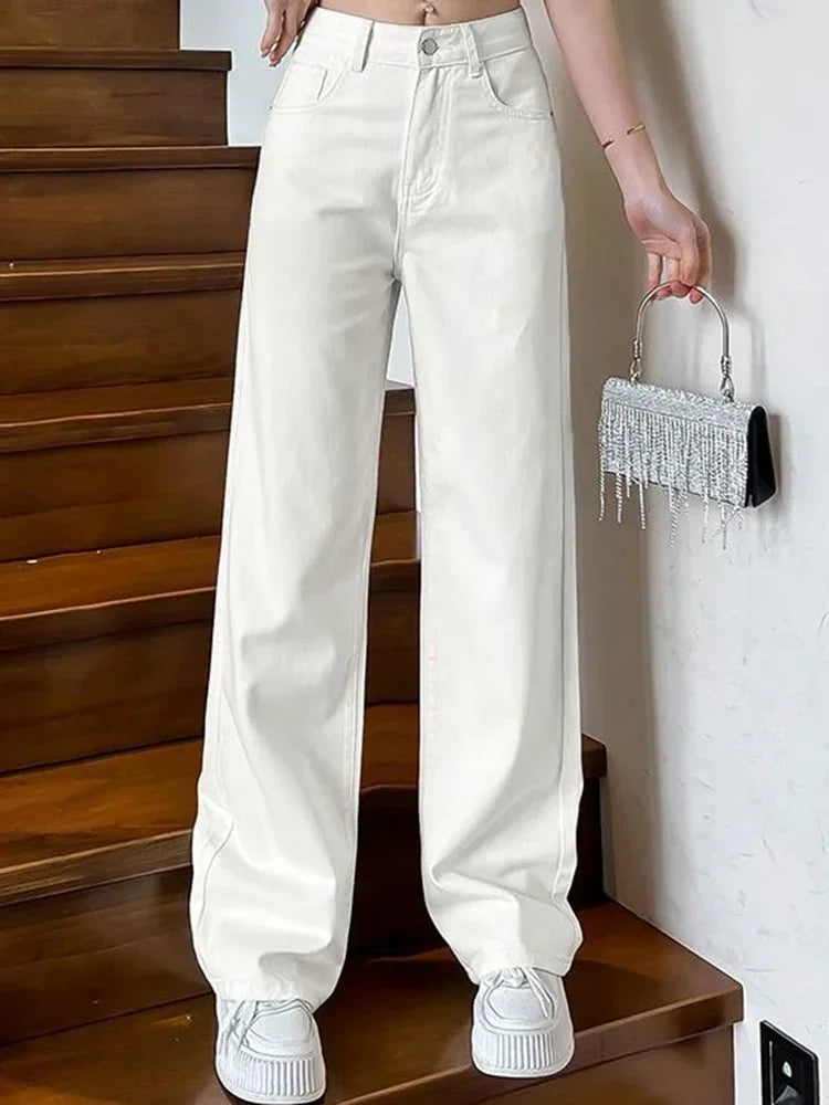 Frauen Frühling hohe Taille lose Jeans weites Bein Jeans Dame Straße koreanische Version Baggy Pants weiße Mode gerade Bein Hose