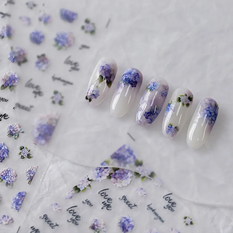 Fantasie blau lila Hortensie 5d geprägte Tulpe selbst klebende Nail Art Aufkleber hochwertige bunte Bouquet Nail Art Aufkleber