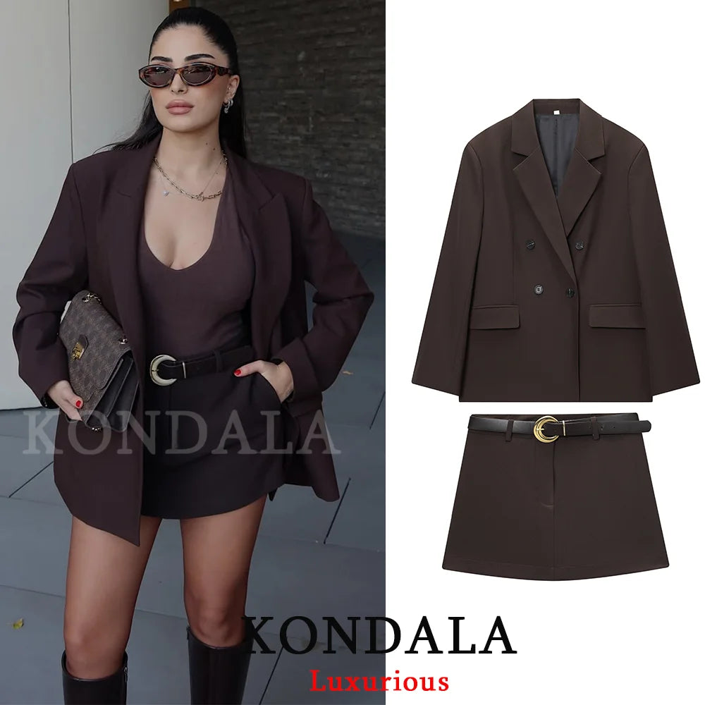 KONDALA Bürodame, schokoladenbraun, Damenanzüge, V-Ausschnitt, Doppelknopf, Blazer, Gürtel, Mini-Shorts, Rock, Mode, 2025, Vintage-Sets